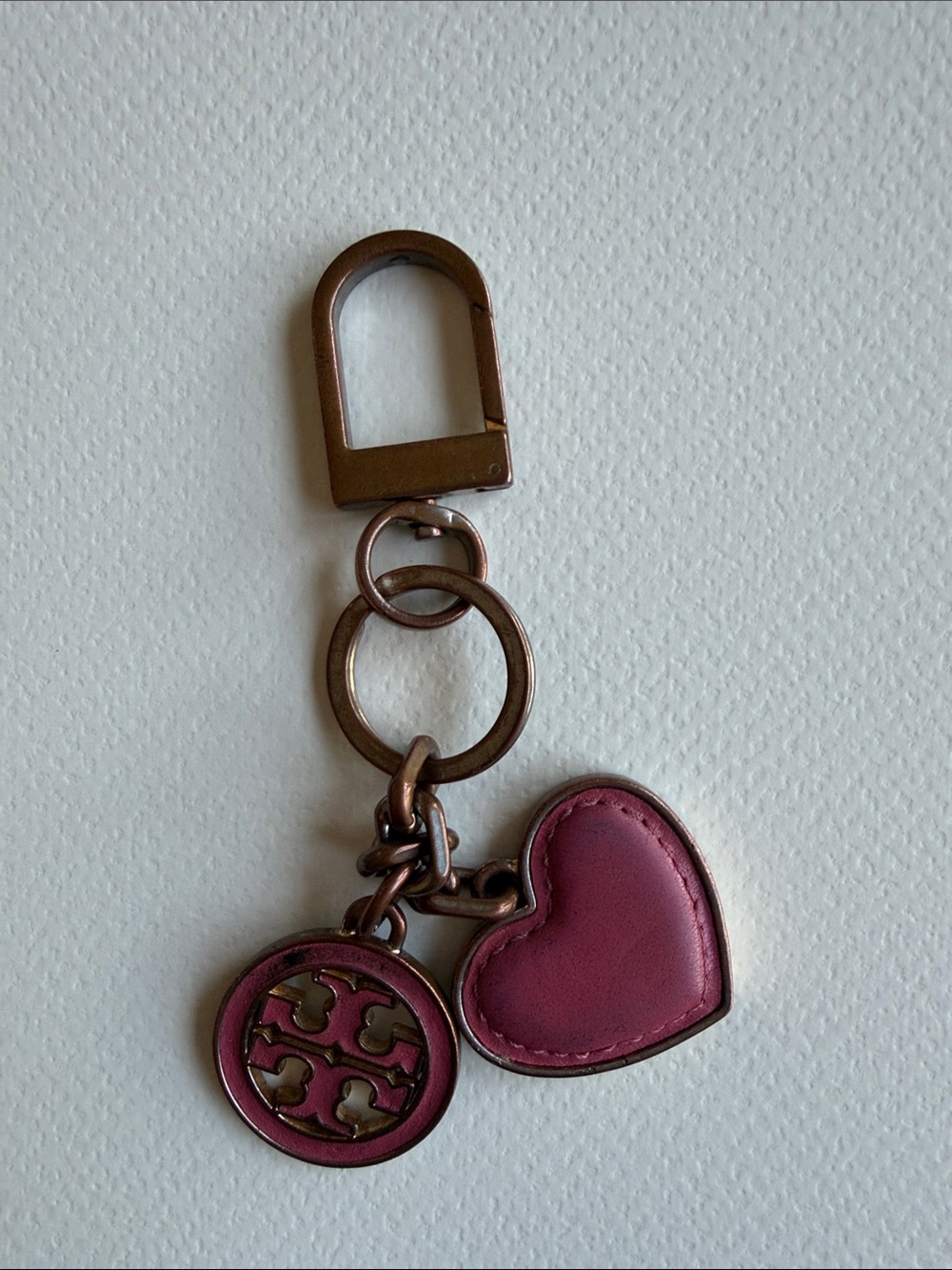 Tory Burch Rose Pink Leather Heart Keychain with Logo Medallion